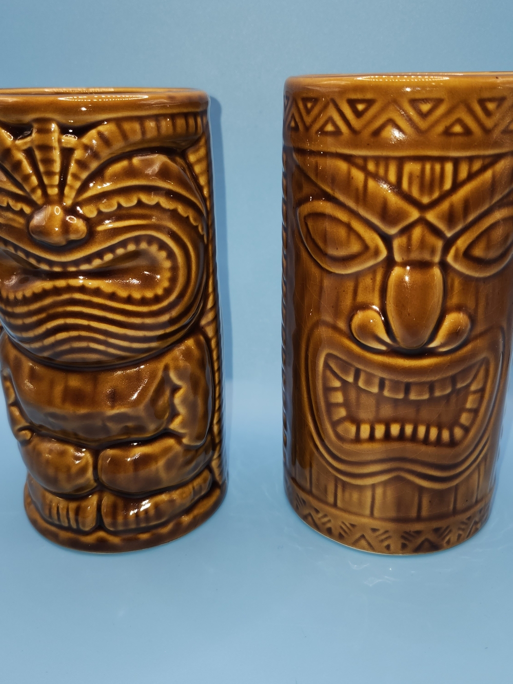 Vtg KC Hawaii Tiki Mugs Lot of 2 Brown Ceramic Barware Souvenir 1999 & 2000